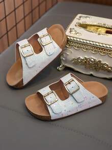 Sandales à glissière pailletées pour enfants - Dessus en faux daim et semelle en liège doux, confortables pour l'intérieur et l'extérieur - Argent - Voir 9