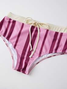 Women's Vertical Striped/Dot Bikini Set Beaded Halter Bikini Tops With High Waisted Drawstring Shorts Beach Wear - Pink - View 8