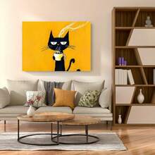 Cuadro 2D plano, 2D plano, 2D plano con marco, con una ilustración caprichosa de un gato negro con una taza de café, diseñado por Penny . Este cuadro 2D plano tiene una borde de madera y un vibrante fondo naranja en estilo Art Deco. Es un diseño de alta calidad. - Enmarcado - Ver 2