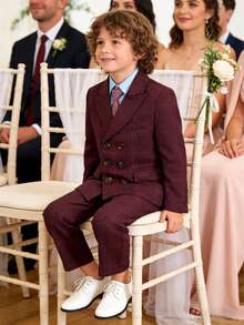Boys' Plaid Gentleman Suit Set - Plaid Blazer + Pants + Tie, Suitable For Parties, Banquets, Dances And Other Occasions - Burgundy - View 3