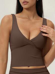 TimeOff 1 Set Women's Solid Color V-Neck Backless Removable Padded Camisole And Flared Leg Pants Sports Suit - Brown - View 7