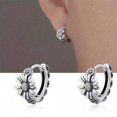 1 Đôi Khuyên Tai Vòng Hình Hoa Hướng Dương & Hoa Cúc, Unisex, Phụ Kiện Thời Trang Không Gây Dị Ứng, Thích Hợp Làm Quà Tặng Sinh Nhật