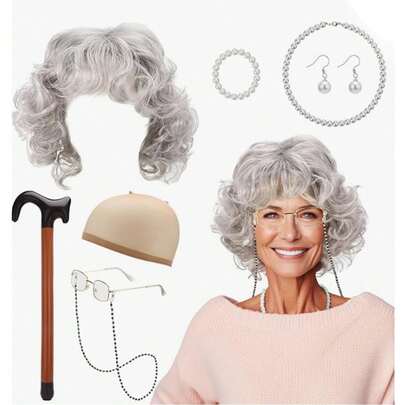 Bộ phụ kiện trang phục bà ngoại cổ điển 8 món, bao gồm tóc giả có lưới che tóc, kính có dây đeo, vòng cổ ngọc trai, gậy chống bơm hơi, vòng tay và đôi bông tai, thích hợp cho các trò chơi hóa trang lễ hội, Halloween và trang phục biểu diễn sân khấu.