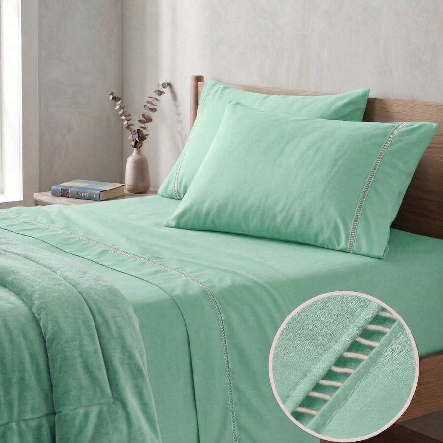 400 Thread Count 3-Piece Bedding Set With Fitted Sheet And Pillowcases, Soft Touch, Everyday Comfort, Single, Full, Queen, King - 薄荷綠 - 查看 1