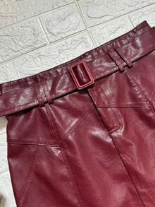 Faux Leather Skirt With Belt, Slim And Versatile, Autumn/Winter. - Burgundy - View 2