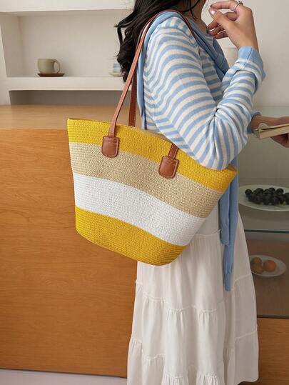 新款条纹编织草编手提包，大容量纯色手提包，单肩通勤手提包，撞色拼接女士手提包