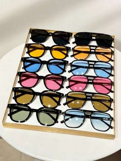 12pcs Women's Plastic Frame Geometric Chic Elegant Personalized Dopamine Fashion Glasses, Suitable For Honeymoon, Travel, Beach Vacation