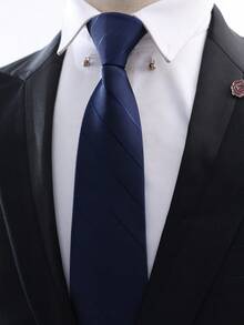 1pc Men's Business Tie, Professional Formal Interview Striped Necktie, Polyester Jacquard Silk - Navy Blue - View 1