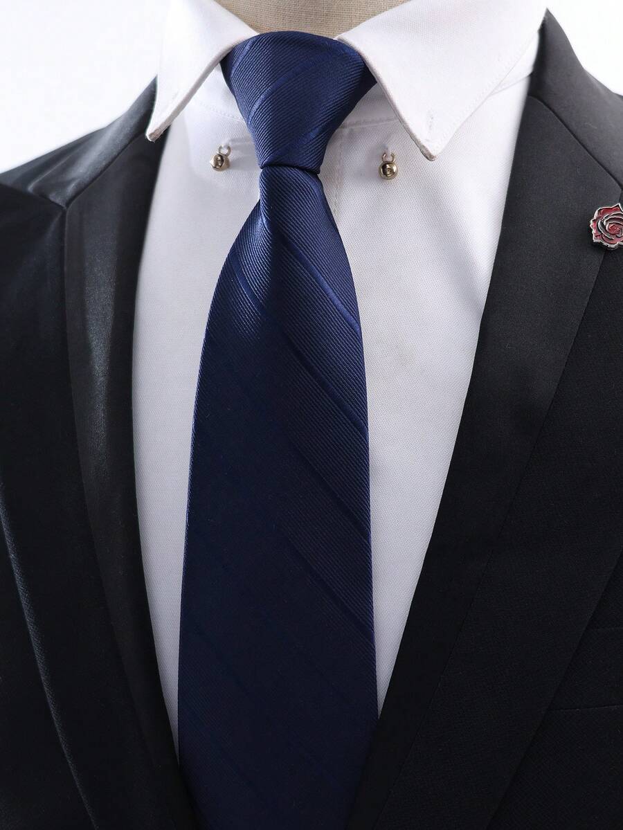 1pc Men's Business Tie, Professional Formal Interview Striped Necktie, Polyester Jacquard Silk - Navy Blue - View 1