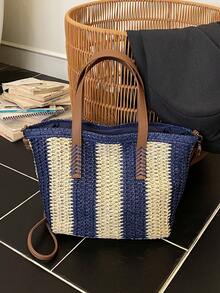 条纹手工编织手提包，大容量草编包，沙滩度假风，新款夏季女士手提包 - 藍色 - 查看 5