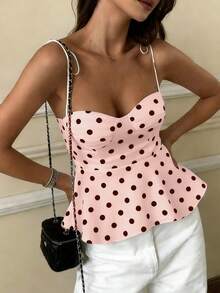 女款圓點撞色休閒優雅約會日常百搭無袖修身吊帶上衣，附蝴蝶結腰部與荷葉邊下擺，粉色夏季款 - 粉色 - 查看 7
