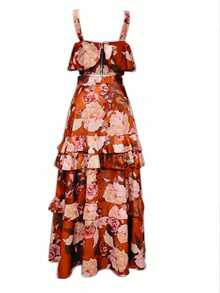 Spring/Summer New Floral Print 2-Piece Set, Ruffled Camisole Top And Maxi Skirt, Bohemian Beach Vacation Casual Outfit For Women - Coral Orange - View 11