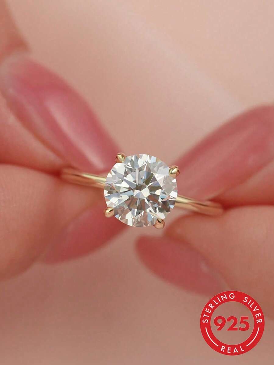 1pc Elegant Luxury 925 Sterling Silver 4-Prong Round Ring, Women's Jewelry Gift, Birthday Gift, Party Gift