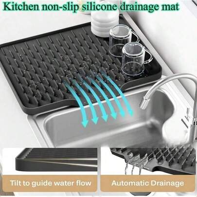防滑硅胶沥水垫，耐热表面，内置沥水系统 - 多功能 - 适用于台面、水槽和冰箱 - 易于清洁的厨房沥水垫