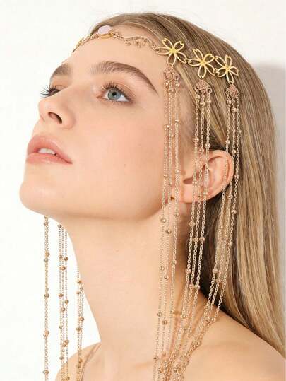 2026 Spring/Summer New Fashionable Exquisite Elegant Women's Floral Headchain, Gold-Tone Beaded Headpiece