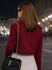 Women's Short Soft Bomber Jacket, Elegant With Front Buttons, Functional Pockets, Fitted Sleeves, Winter/Autumn Fashion, Casual Chic Look, Comfortable And Modern. - Burgundy - View 4