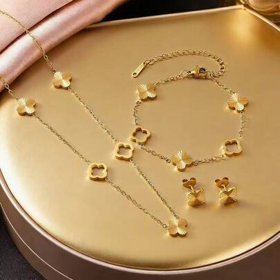 18K Gold Stainless Steel Handcrafted Floral Bracelet, Necklace And Earring Set, Suitable For Women's Party Wear