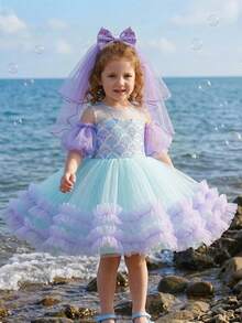 女童四件套：泡泡袖紫色亮片薄纱蓬蓬裙配蝴蝶结发带，优雅公主裙，适合女孩生日派对、婚礼、日常穿着、海滩度假、舞会、节日庆典等场合。 - 紫色 - 查看 4