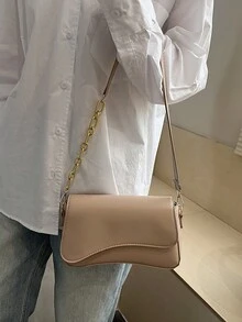 简约纯色单肩翻盖包，经典纹理斜挎包，女士手提包 - 卡其色 - 查看 11