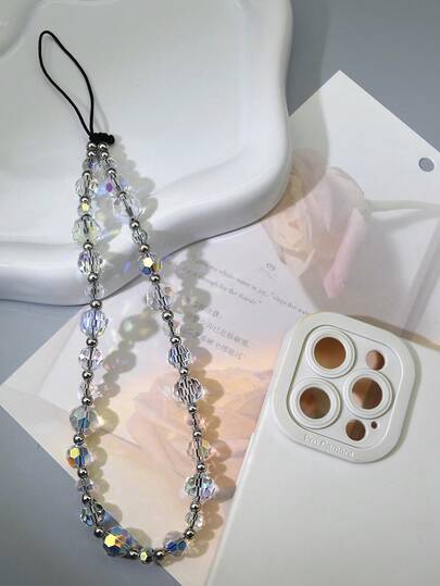 1pc INS Style Unique Iridescent Crystal Phone Lanyard, Glossy Bead Anti-Lost Phone Strap (Due To Shooting Angle And Magnification, The Actual Size Of The Object May Slightly Differ From The Photo), Phone Decor, Phone Accessory, Smartphone Wrist Strap