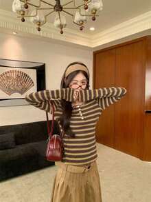 女士条纹长袖T恤，修身休闲叠穿上衣，百搭单品 - 咖啡棕 - 查看 2