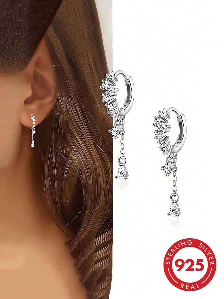 GAGAFEEL 一对925纯银优雅闪亮锆石水滴流苏耳环，女士时尚奢华圈形耳环，适合日常佩戴、派对配饰、礼品