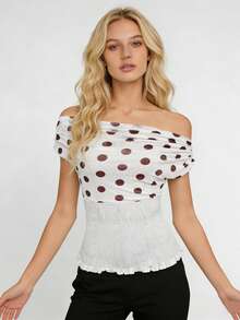 Women's Y2K Aesthetic Off Shoulder Tops Summer Mesh Dot Print Shirred Tops Slim Fit Shirts Streetwear - 白色 - 查看 6