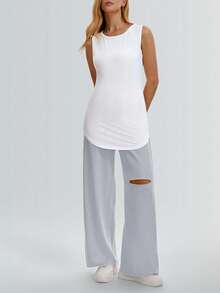 Women's Spring/Summer Basic Loose Fit Round Neck Side Slit Long Sleeve Top - White - View 3