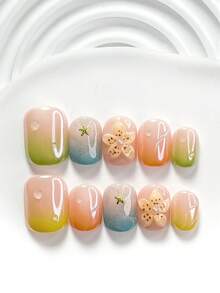 10 pièces Set d'art des ongles dégradé fait main, faux ongles pressés, décoration d'ongles en forme d'étoile de mer, décorations d'ongles à fleurs à 5 pétales faites main, vernis à ongles jaune-vert-bleu-orange, style frais naturel, comprend des outils à ongles (1 autocollant en gelée + 1 lime à ongles), 3 tailles disponibles : carré, carré court, amande, convient pour les rassemblements, le port quotidien, les fêtes, la photographie, les déplacements printemps/été - Multicolore - Voir 10
