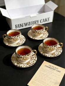 6pcs/1set Luxury Gold Ceramic Tea Set, Includes Coffee Cup And Saucer, Dishwasher . Suitable For Home Kitchen, Tabletop Decor, Afternoon Tea, Coffee Drinking, Personalized Gift, Kitchen Accessories, Festival, Party, Birthday, Wedding And Dinner. Valentine's Day Gift For Him - Multicolor - View 10