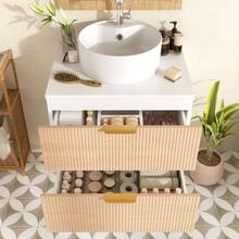 60cm Wall-Hung Bathroom Vanity Unit With Round Ceramic Sink, Drawer Fronts With Wood Look And Simple Stripe Design, High Quality MDF Board, Large Storage Capacity: 2 Drawers + Countertop. - Wood Color - View 5