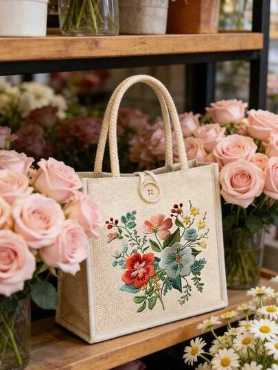 Bolso de mano con bordado de flores de primavera y verano, bolso de lona con patrón de flores retro bohemio, cierre con botón, bolso de compras de gran capacidad de material de lino para mujer, opción perfecta para el Día de la Madre, vacaciones de Pascua, playa, viajes, compras, bolso cruzado estético de estilo cottagecore y Y2K para uso diario, regalos para madres, abuelas, novias, esencial para vacaciones, viajes, regalos del Día de la Madre, regalos del Día del Maestro, regalos del Día de la Independencia, regalos de regreso a clases