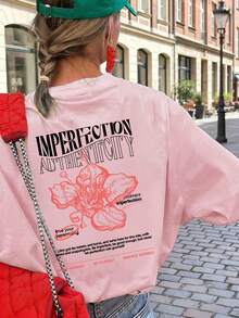 Women's Retro American Style Hibiscus & "Imperfect" Slogan Print T-Shirt, Loose Fit Flattering Silhouette, Artistic Healing Style Short Sleeve Top, Suitable For School, City Walks, Spring Outings Casual Pink Summer - Pink - View 6