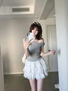 女士夏季新款时尚露肩T恤，波点细肩带，显瘦 - 灰色 - 查看 3