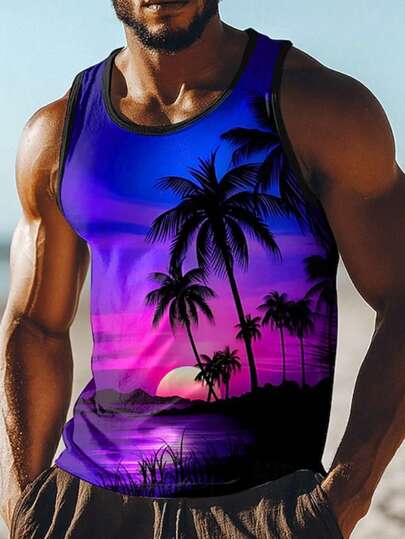 Áo tank top nam kiểu dáng cổ điển in hình đồng xu và cây cọ, thích hợp mặc đi biển.