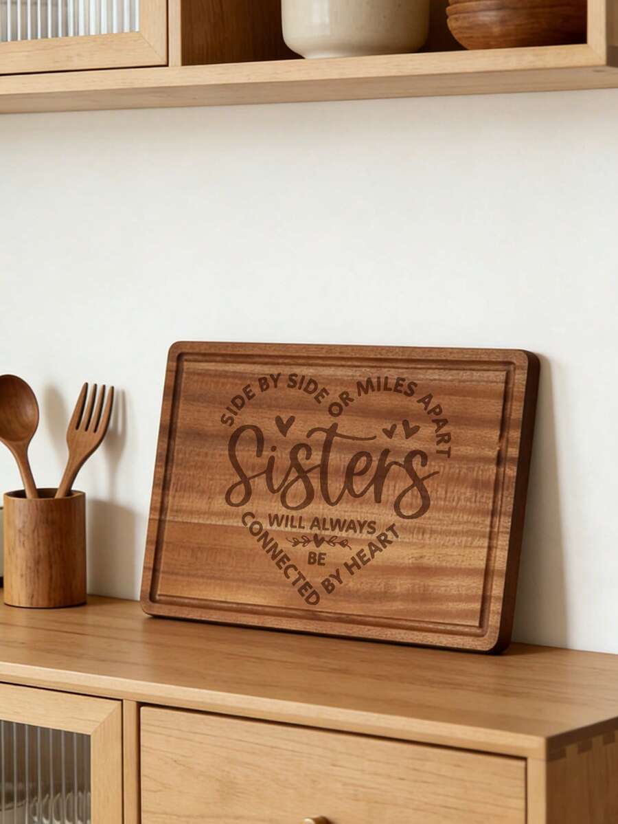 1pc Sister Gift Wood Cutting Board With Floral Design - A Durable Wooden Kitchen Chopping Board, Perfect For Preparing Food, Serving Meats, Vegetables, And Toast. A Meat Cutting Board, Rustic Kitchen Accessory, Durable Kitchen Accessory For Camping, BBQs, Picnics - Laser-Engraved Cheese Board With Sister Message - Birthday, Christmas, Suitable As An Engagement Gift, Wedding Gift, Housewarming Gift, Engraved Cheese Board With Sibling-Themed Message - Birthday, Christmas & Mother's Day - 棕色 - 查看 1