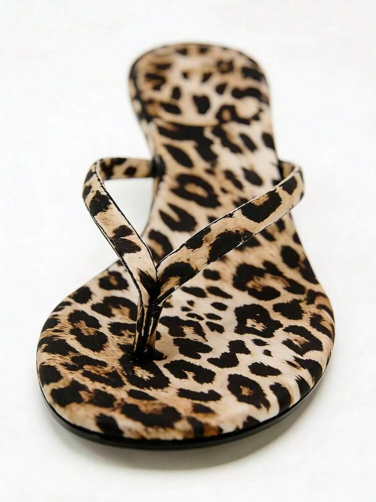 Women's Leopard Print High Heel Sandals, 2026 Summer New Arrival Square Toe Kitten Heel Flip Flops, Minimalist Versatile Commute & Vacation Beach High Heels - Brown - View 2