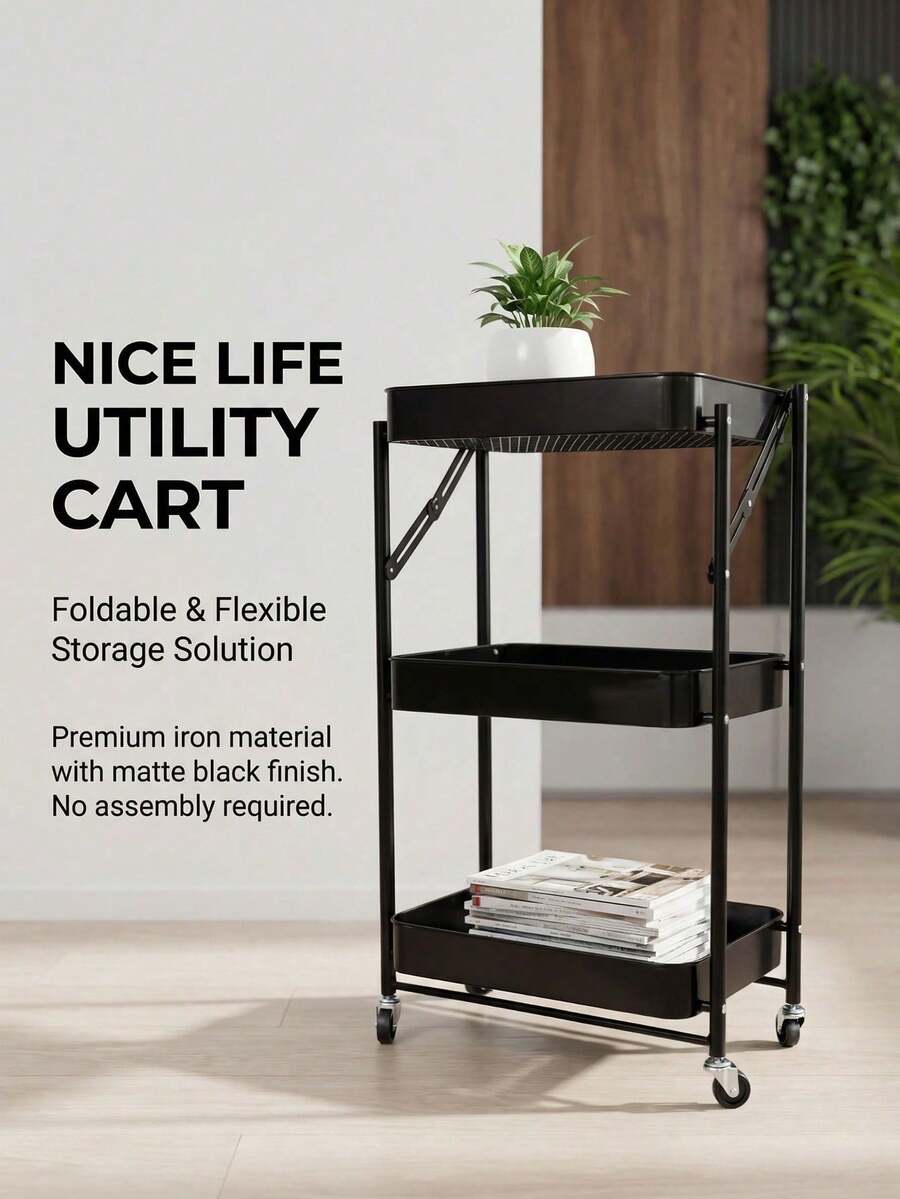 1pc Foldable 3-Tier Rolling Storage Cart, Mobile Organizer Rack For Kitchen, Bathroom - View 1