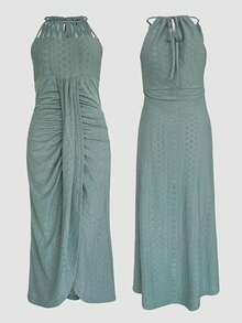 ChicMe 女士无袖中长连衣裙，交叉露背设计，褶皱提花针织纹理，开衩镂空垂褶休闲度假连衣裙，夏季优雅之选 - 綠色 - 查看 7