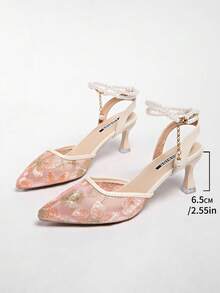 New Chinese Style White High Heel Mules, Pointed Toe Lace Embroidery Convertible Sandals For Women - Pink - View 7