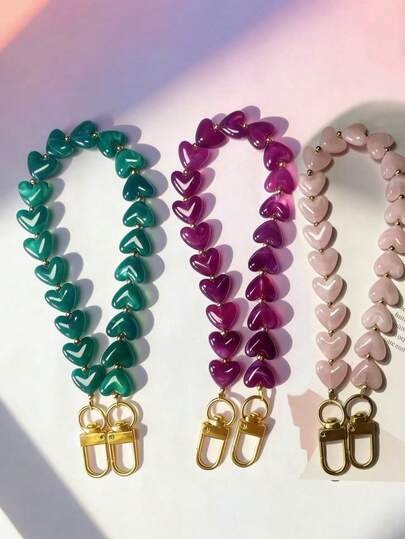 Lanière de téléphone en forme de cœur multicolore effet pierre, charm de téléphone en perles acryliques fait main, cadeau de la Saint-Valentin