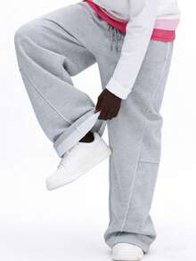 Pantalones largos deportivos para hombre, pantalones de chándal casuales minimalistas de pierna ancha, cintura elástica con diseño de cordón, finos para primavera/otoño - Gris Claro - Ver 5