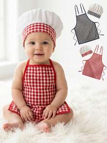 2 Stück Neugeborenen Fotografie Requisiten süßer karierter Kochmütze und Schürze Set, Baby Fotoshooting Zubehör für Innenaufnahmen - Verschiedenfarbig - Übersicht 2
