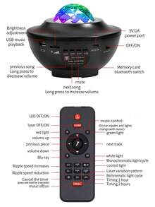1pc Led Romantic Starry Sky Projection Lamp, USB Wireless Remote Control & Music & Water Ripple & Laser Light, For Bedroom Ceiling, Dreamy Atmosphere, Sleep Aid - Black - View 10