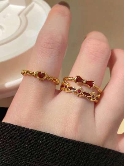 Bộ 3 chiếc nhẫn xếp chồng kiểu dáng cổ điển thanh lịch hình bướm và trái tim, màu đỏ tía, thích hợp cho nữ giới đeo hàng ngày, đi làm, đi nghỉ mát.
