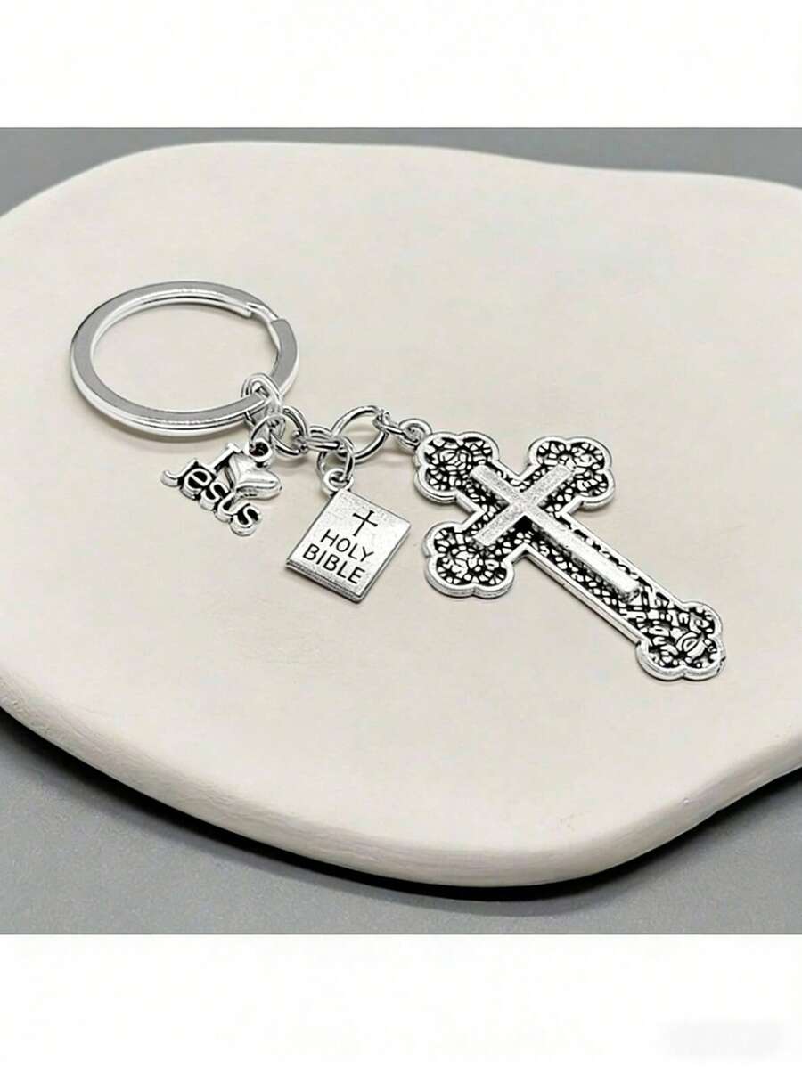 10pcs Cross Key Chain, Bible Pendant Keychain, Religious Car Keyring, Christian Prayer Gift, Couple Gift - Antique Silver - View 1