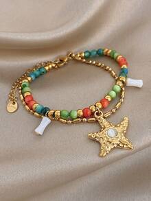 1 pieza Pulsera de cadena multicapa con colgante de estrella de mar chapado en oro, cuentas de colores, estilo bohemio, para mujeres y señoras, joyería de acero inoxidable para la temporada de vacaciones, regalos para mamá, para fiestas diarias, galas, bodas, San Valentín, aniversarios, festivales de música, Navidad, citas, Día de Pascua - Multicolor - Ver 9