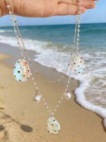1pc Iridescent Shiny Water Drop Shaped Resin Necklace, Inlaid Colorful Rhinestones & Faux Pearl, Delicate Double-Layer Necklace Suitable For Summer Beach Vacation Casual Outfit Accessory - Double Chain - View 2