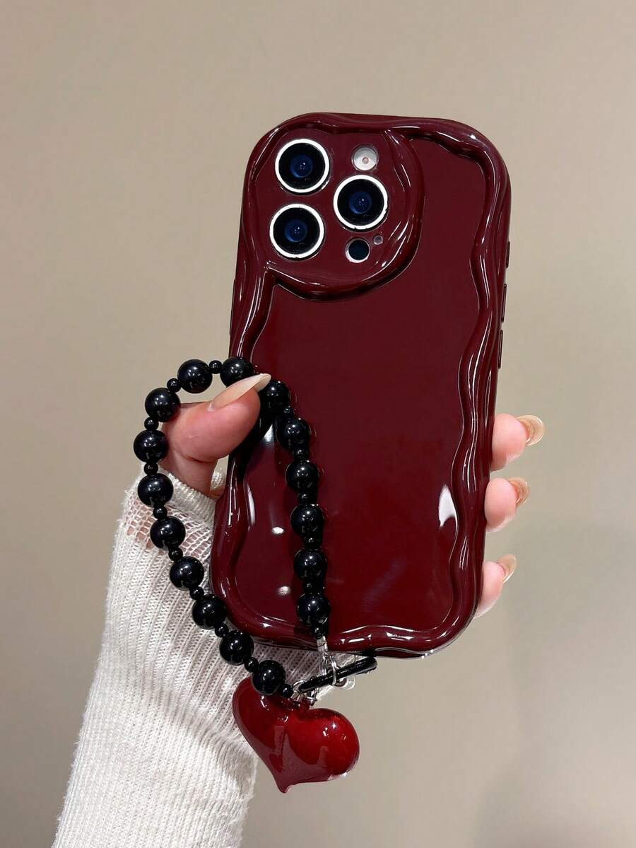 American Minimalist Wine Red Phone Case With Black Beaded Lanyard, Ins Style Full Protective Cover Compatible With Apple 11/12/13/13Pro/13ProMax/14/14Pro/14ProMax/15/15Pro/15ProMax/16/16Pro/16ProMax/17/17PRO/17PROMAX - Multicolor - View 1