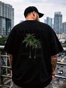 Malibu California Palm Tree Print Racing Retro Schwarzes Kurzarm-T-Shirt, Unisex Street Style, Größen S-XXL, Sommer Casual Outdoor Schule Familie Paar Tops Ideales Geschenk. - Schwarz - Übersicht 1